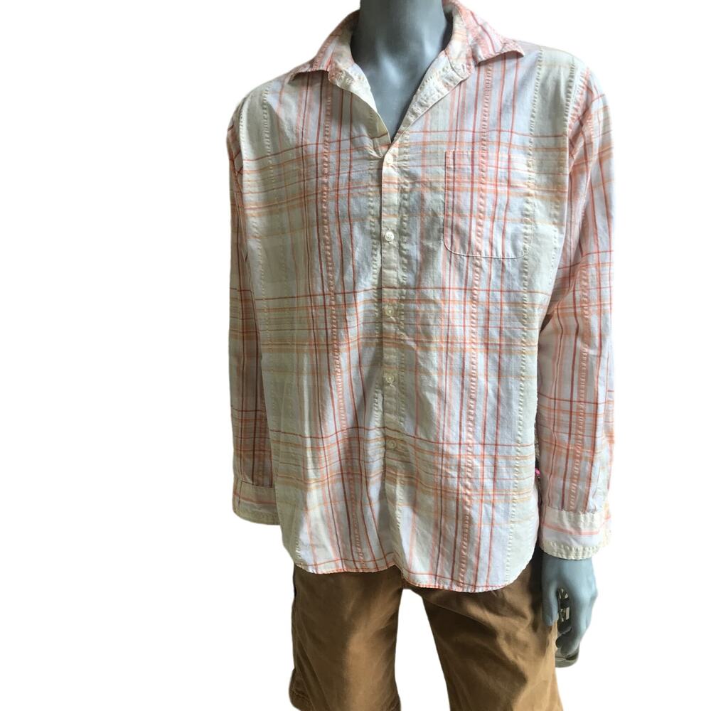 Van Heusen Plaid Orange White Cotton Button Down Shirt Men's Size Large